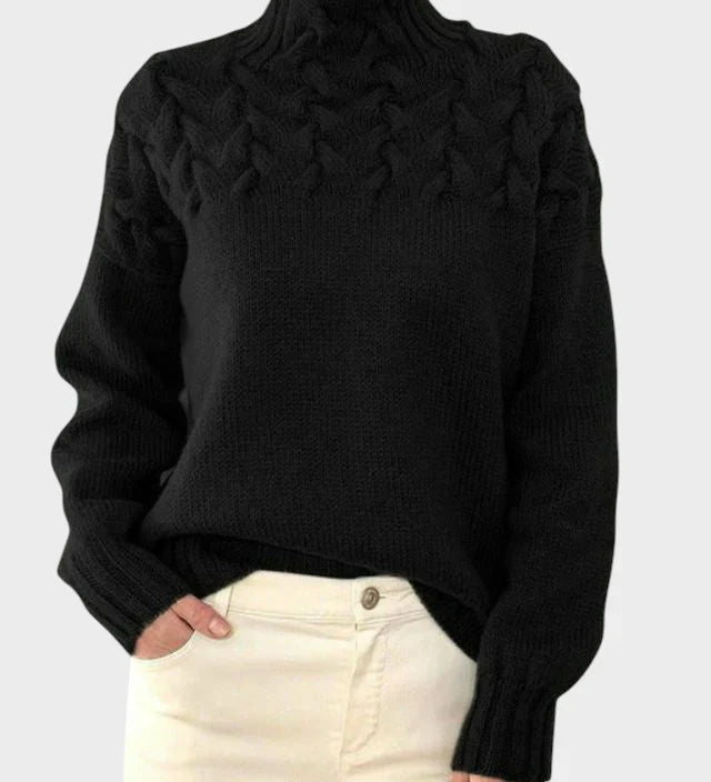 Anja - Moteriškas megztinis su roll kaklu iš megzto audinio