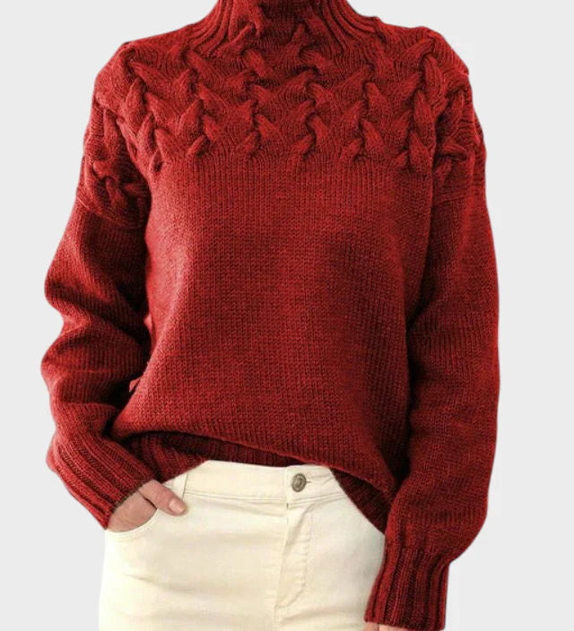 Anja - Moteriškas megztinis su roll kaklu iš megzto audinio