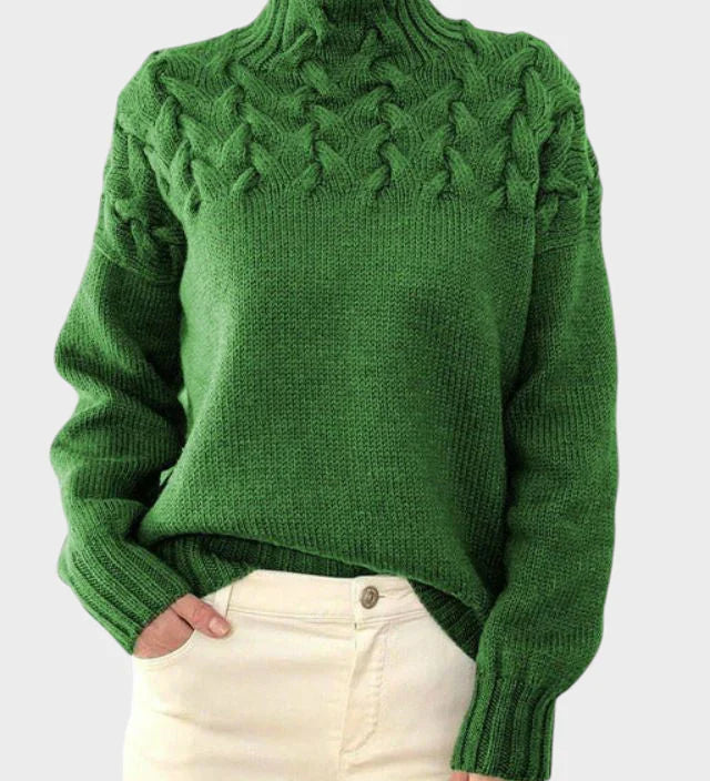 Anja - Moteriškas megztinis su roll kaklu iš megzto audinio