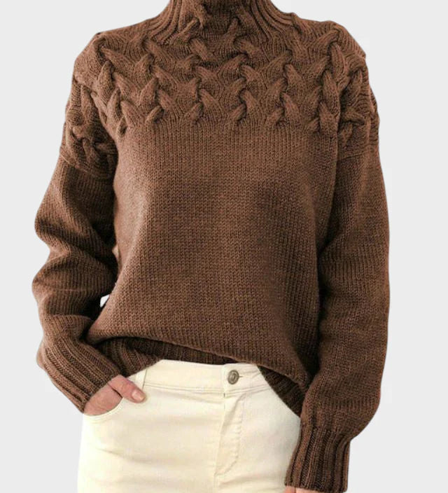 Anja - Moteriškas megztinis su roll kaklu iš megzto audinio