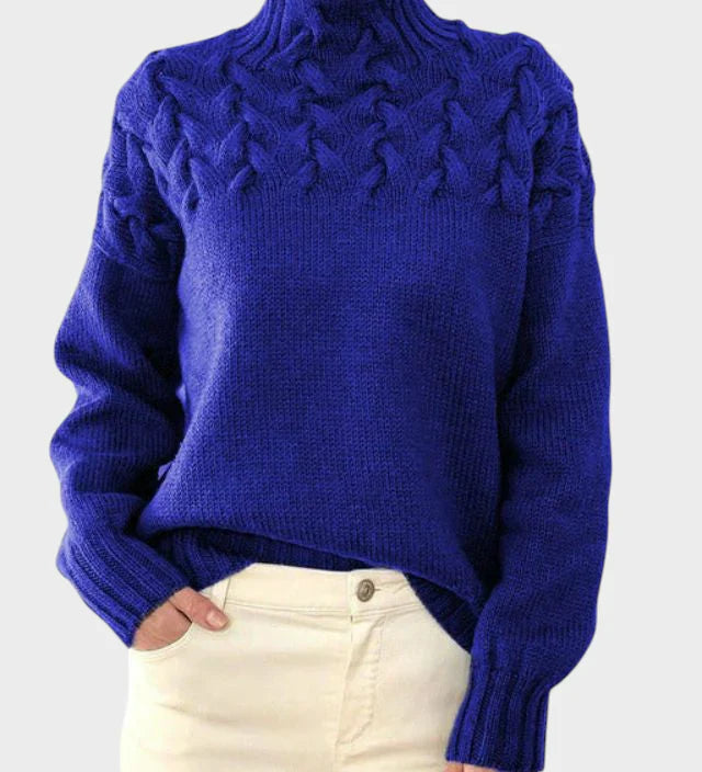 Anja - Moteriškas megztinis su roll kaklu iš megzto audinio