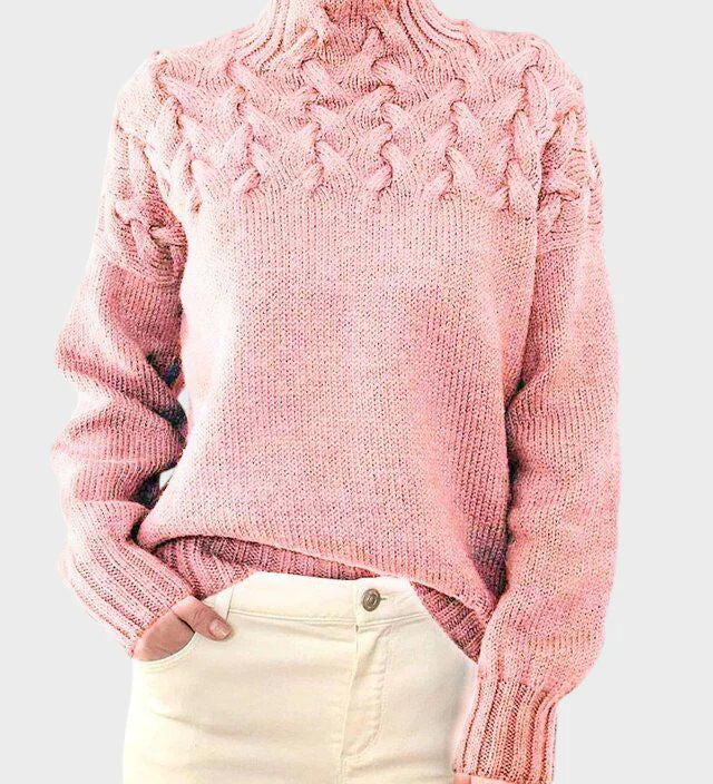 Anja - Moteriškas megztinis su roll kaklu iš megzto audinio